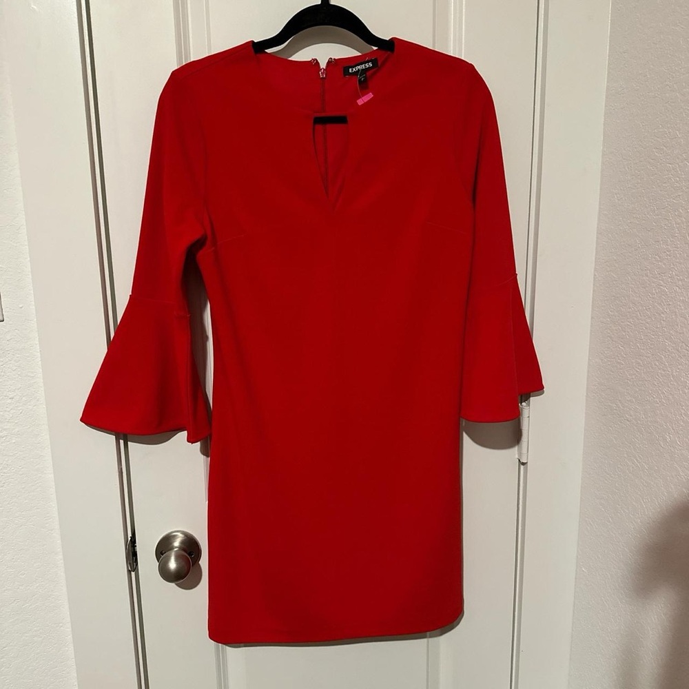 Red flare sleeve dress with zipper back closure